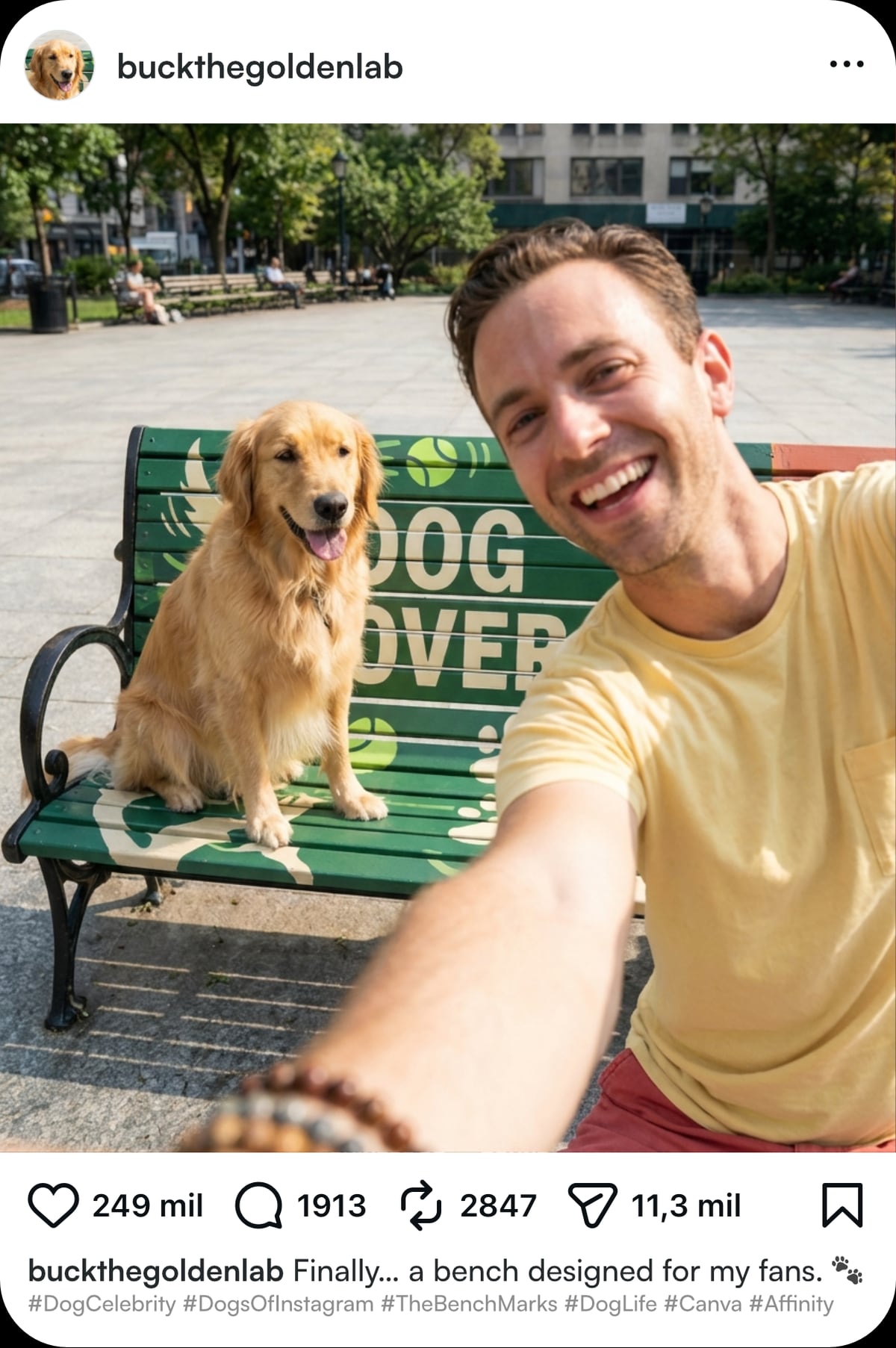 Instagram post of people on a bench in the park