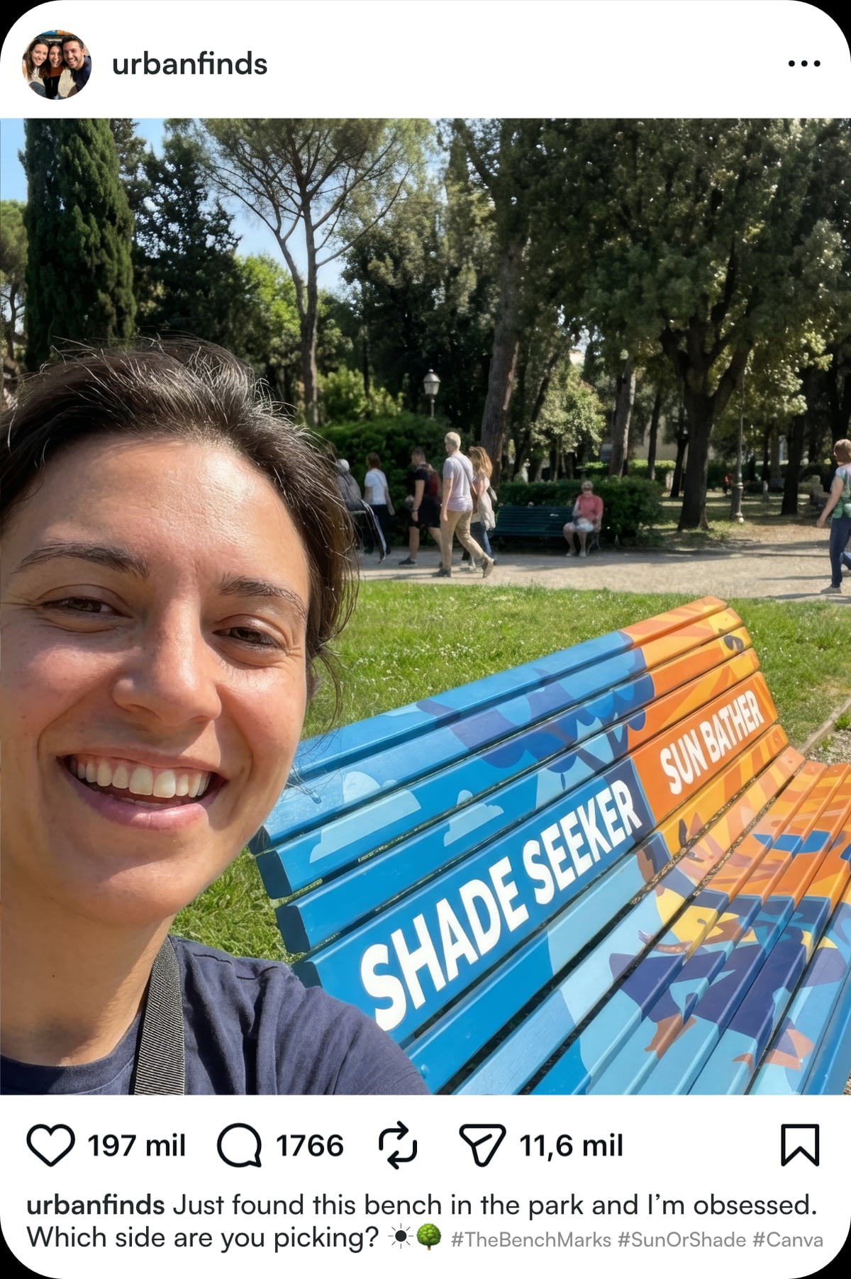 Instagram post of a selfie on the bench