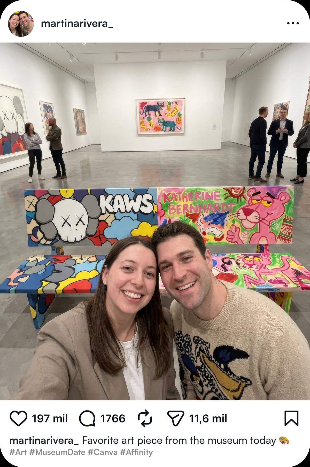 Instagram post of friends at a gallery bench