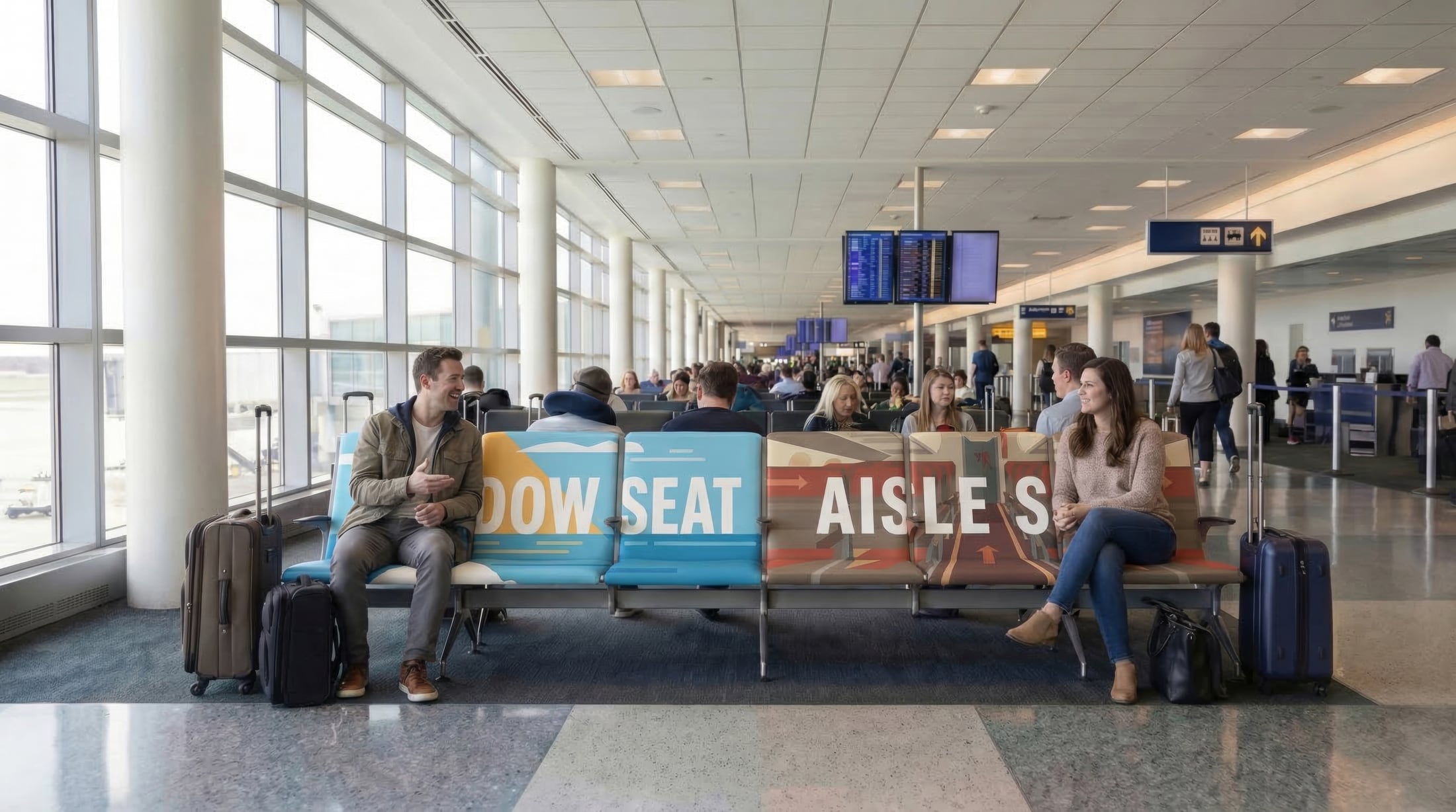 People on a Window Seat / Aisle Seat bench at an airport