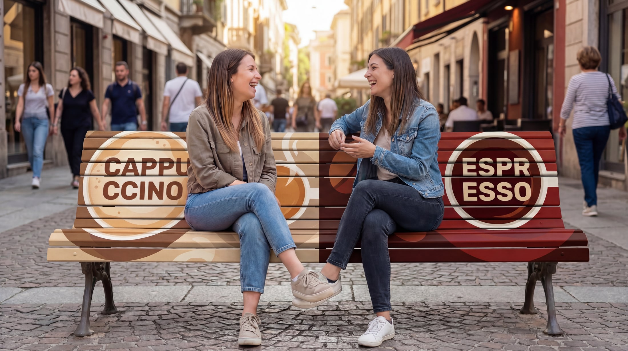 Two friends on a Cappuccino / Espresso bench on a city street