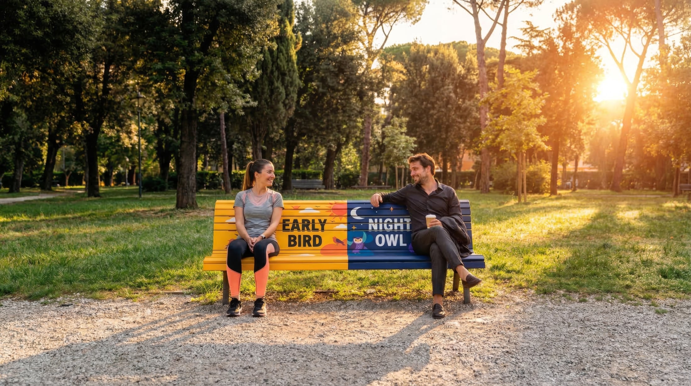 People on an Early Bird / Night Owl bench at golden hour