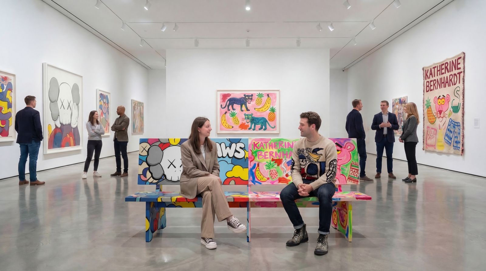 People on a KAWS artist-edition bench in a gallery