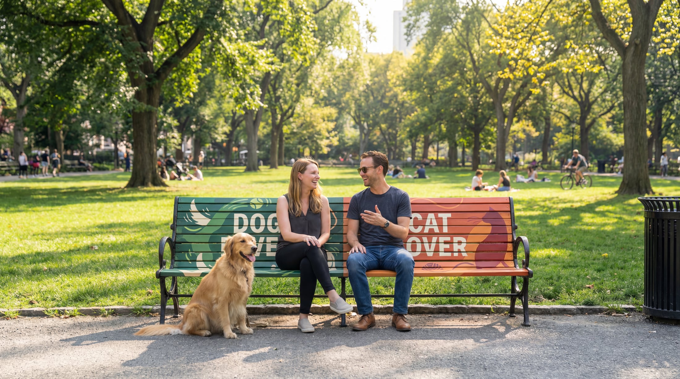 People on a Dog Lover / Cat Lover bench in a park