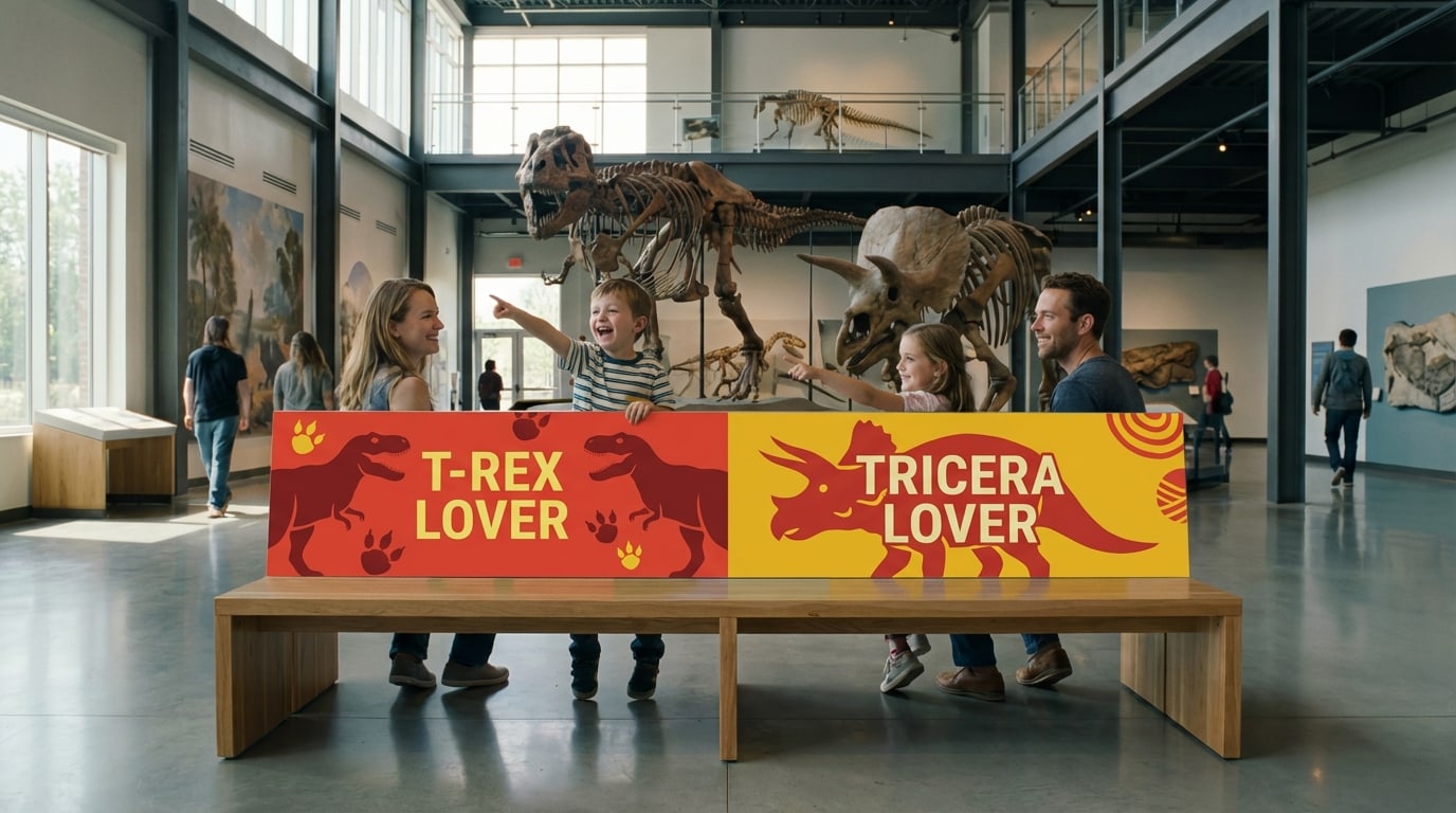 A family on a T-Rex / Triceratops bench at a museum