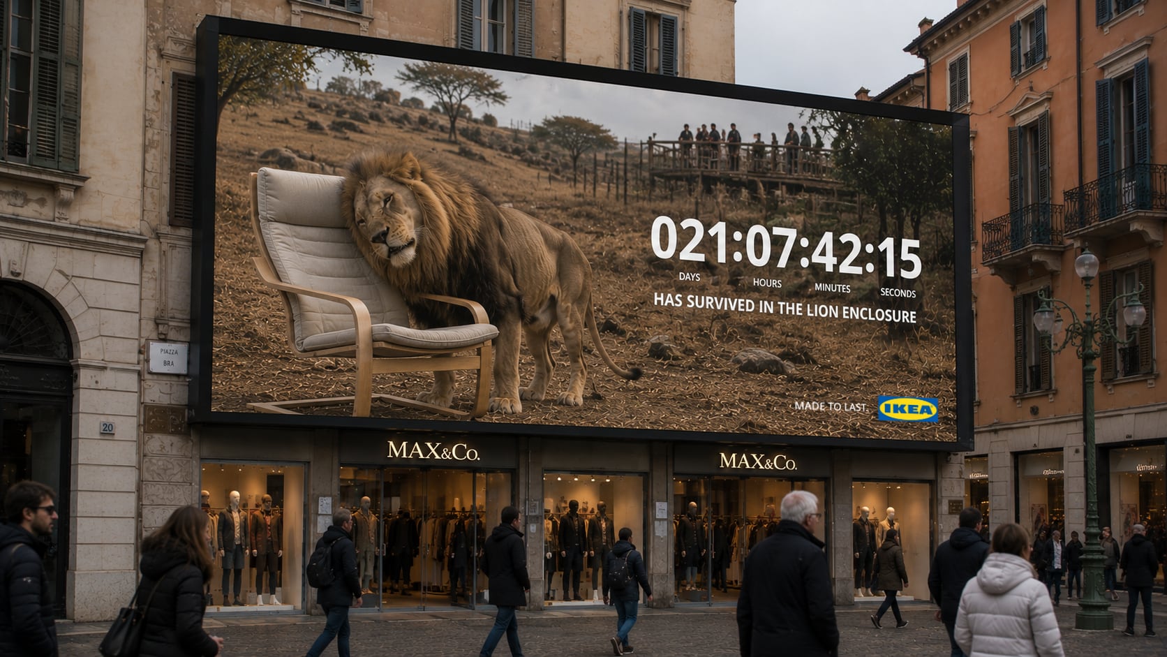 POÄNG survival-counter billboard for the lion enclosure