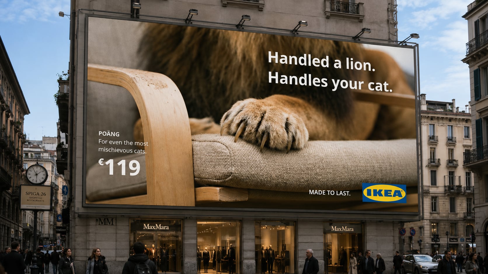 POÄNG billboard on a city building: Handled a lion. Handles your cat.