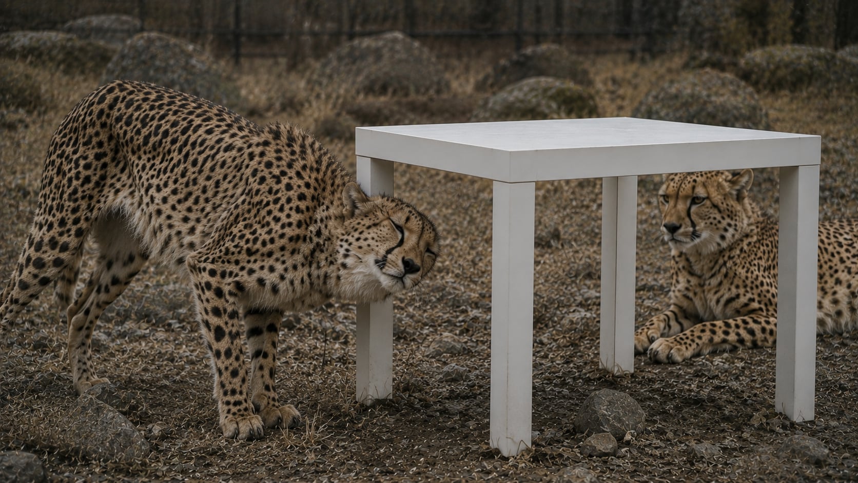 Cheetahs around a LACK table in their enclosure