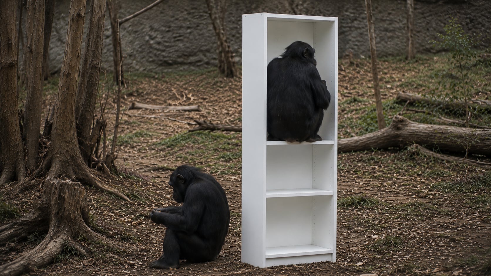 A chimpanzee with a BILLY bookcase in its enclosure