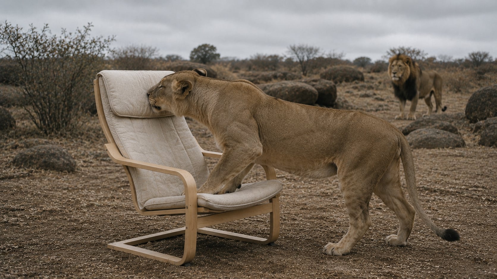A lioness leaning on a POÄNG armchair in the lion enclosure