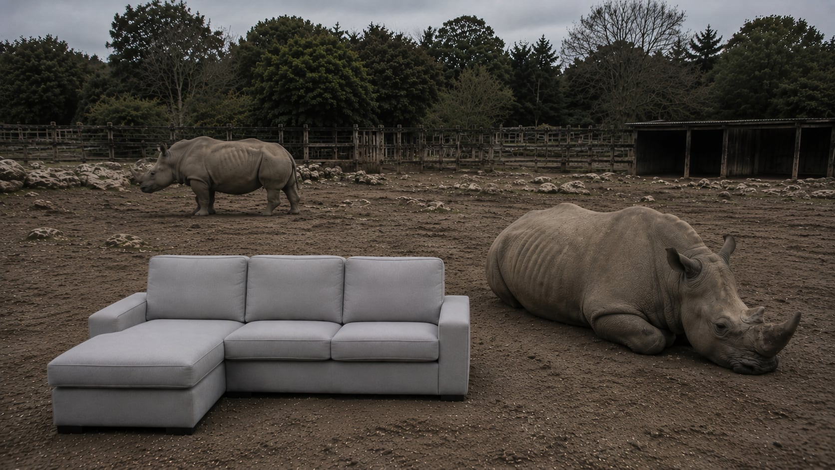 Rhinos beside a KIVIK sofa in their enclosure