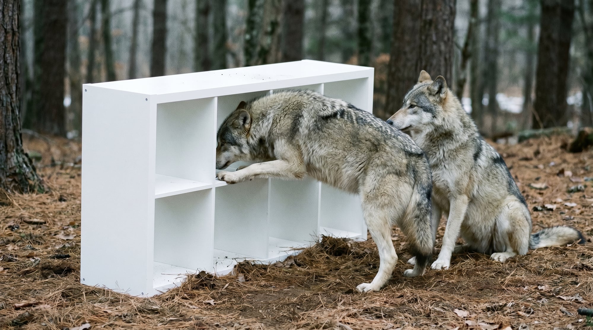 Wolves investigating a KALLAX shelf in their enclosure