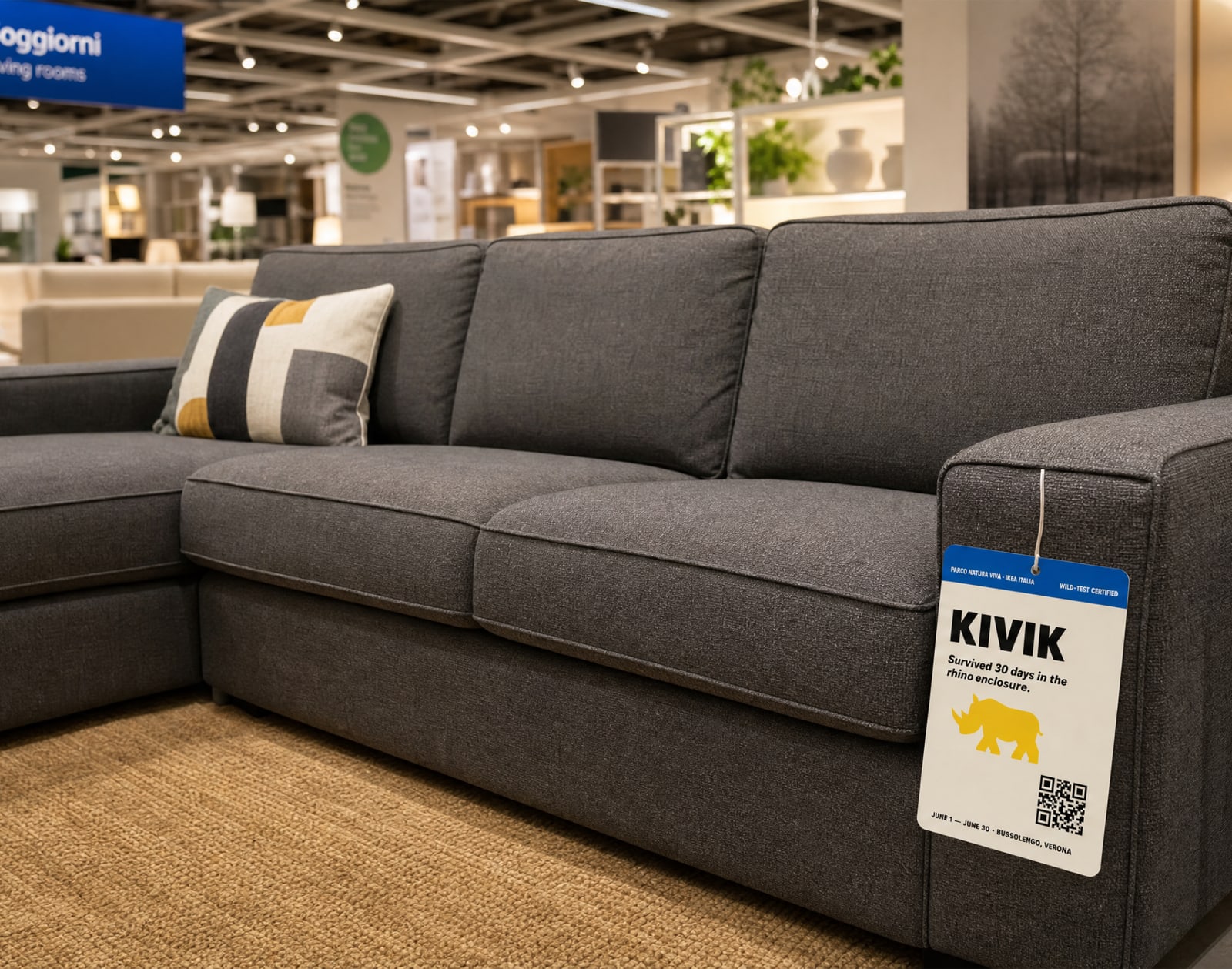 A KIVIK sofa in store carrying its wild-tested tag