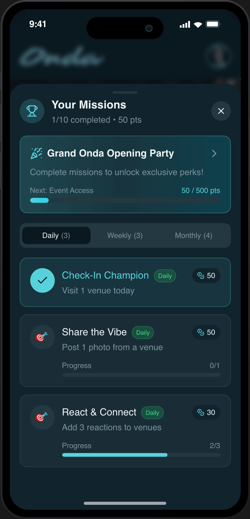 The gamified missions screen