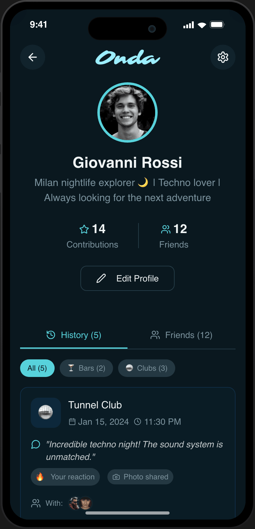 The profile screen with history and friends