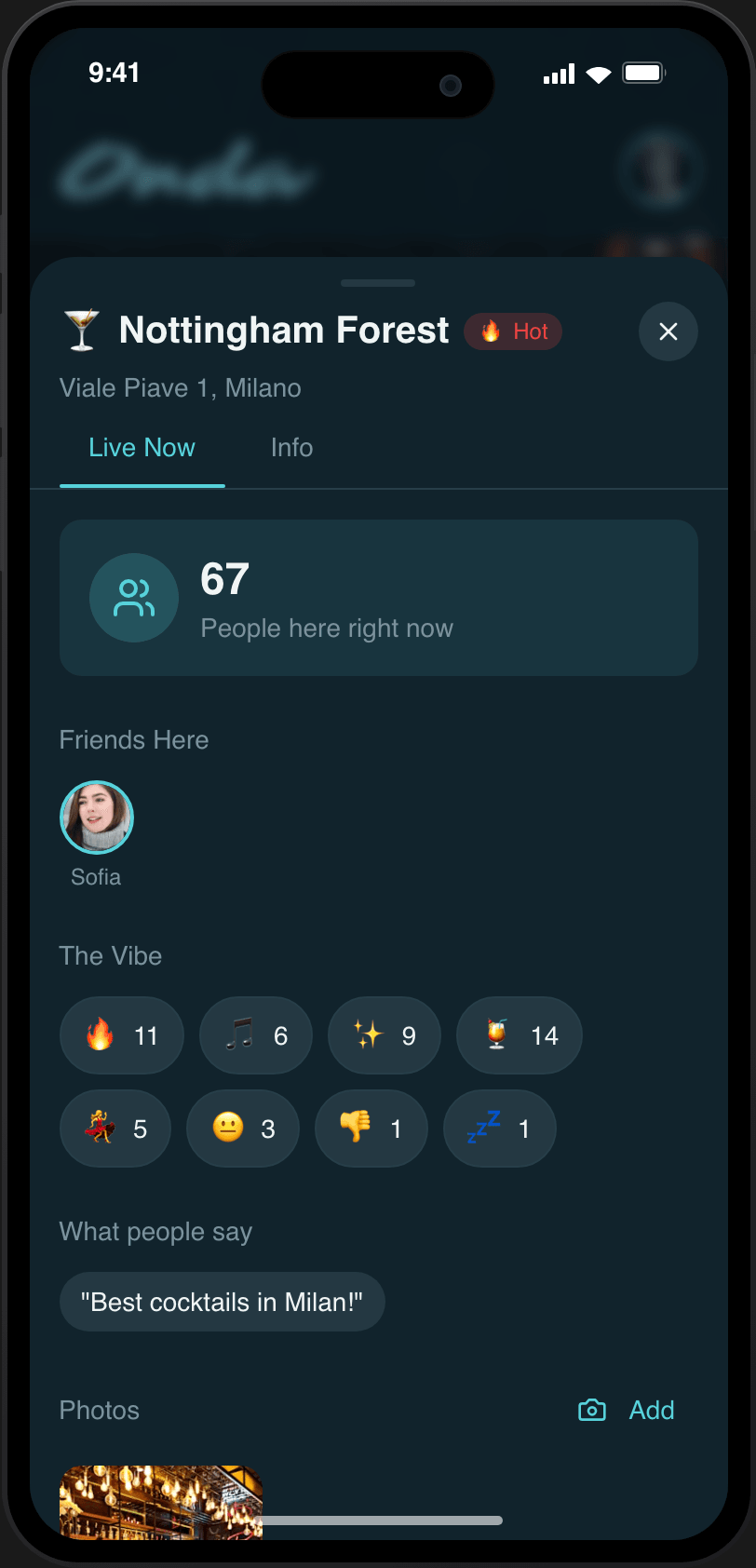 A venue's live page with headcount and vibe reactions