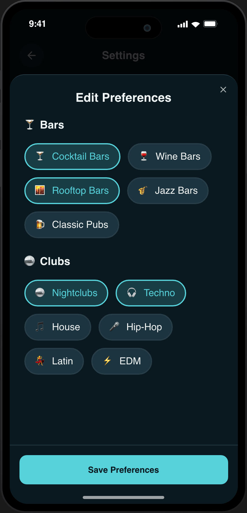 The What's Your Vibe preferences screen