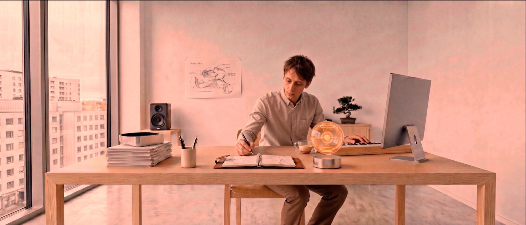 Day one: the scientist at his desk in a clean, warm-lit office.