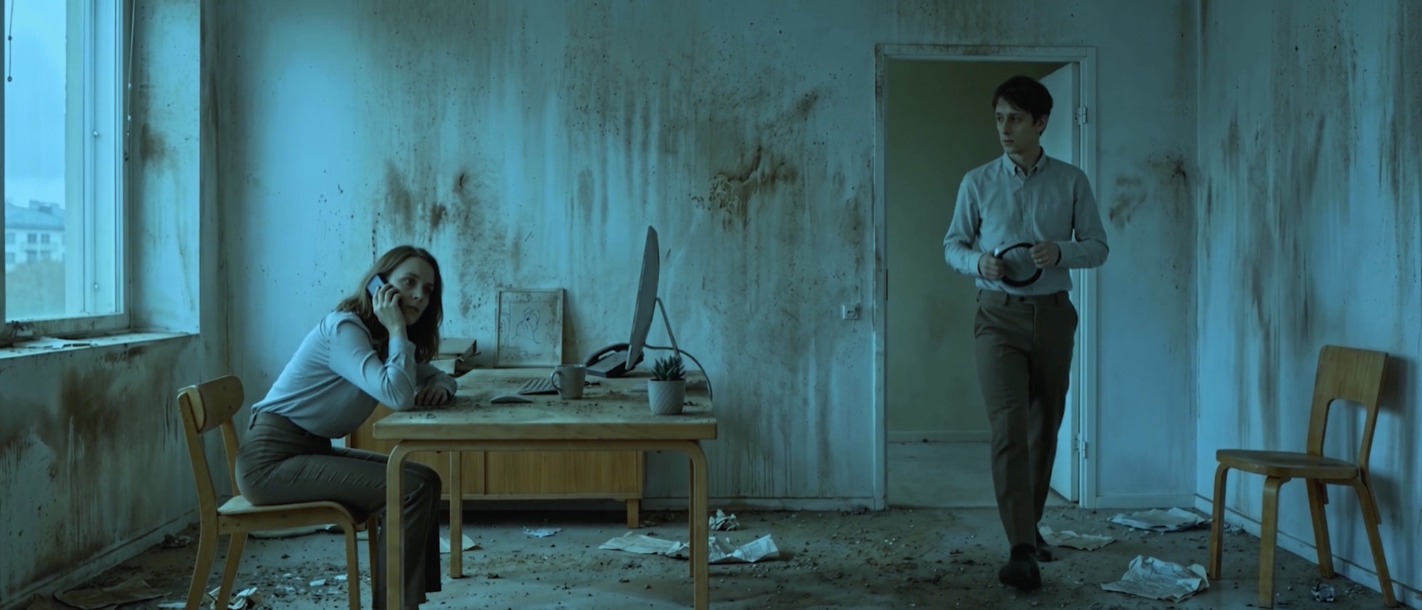 Day two: the same room in ruins, drained to cold blue.