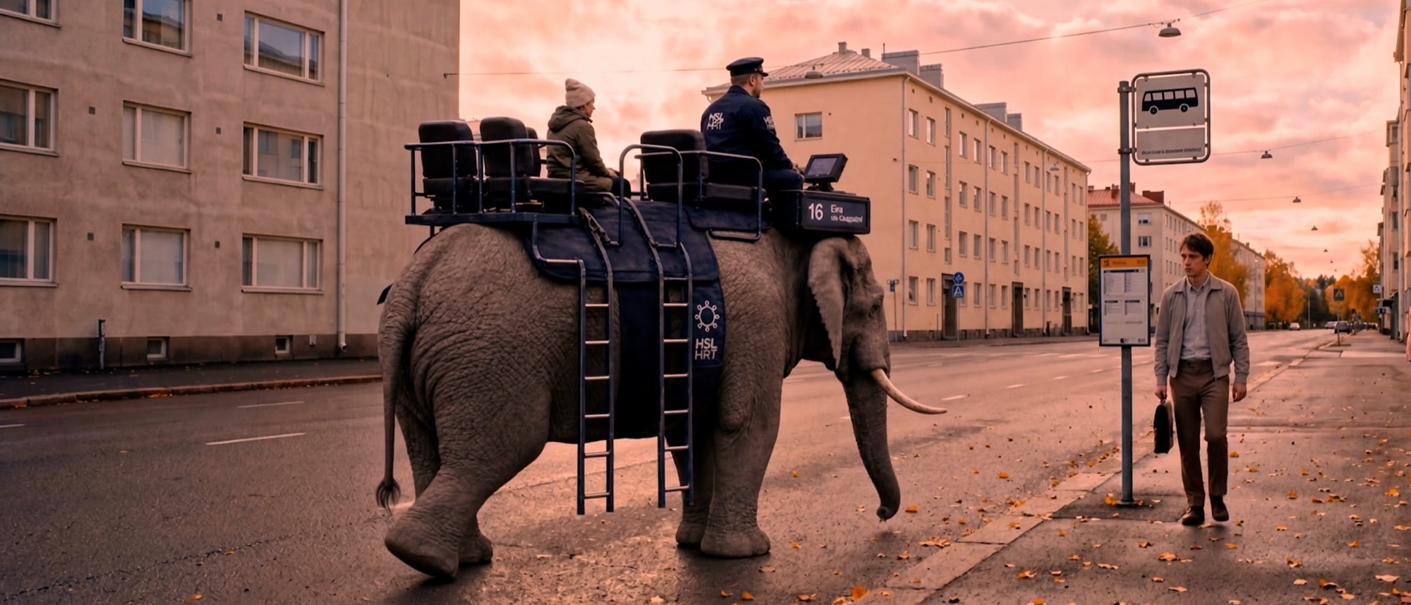 Day one: the scientist beside a transit elephant on an empty street at dawn.