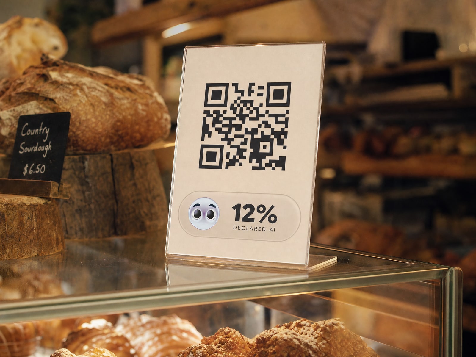 The Vitrum badge under a QR code in a bakery's counter sign