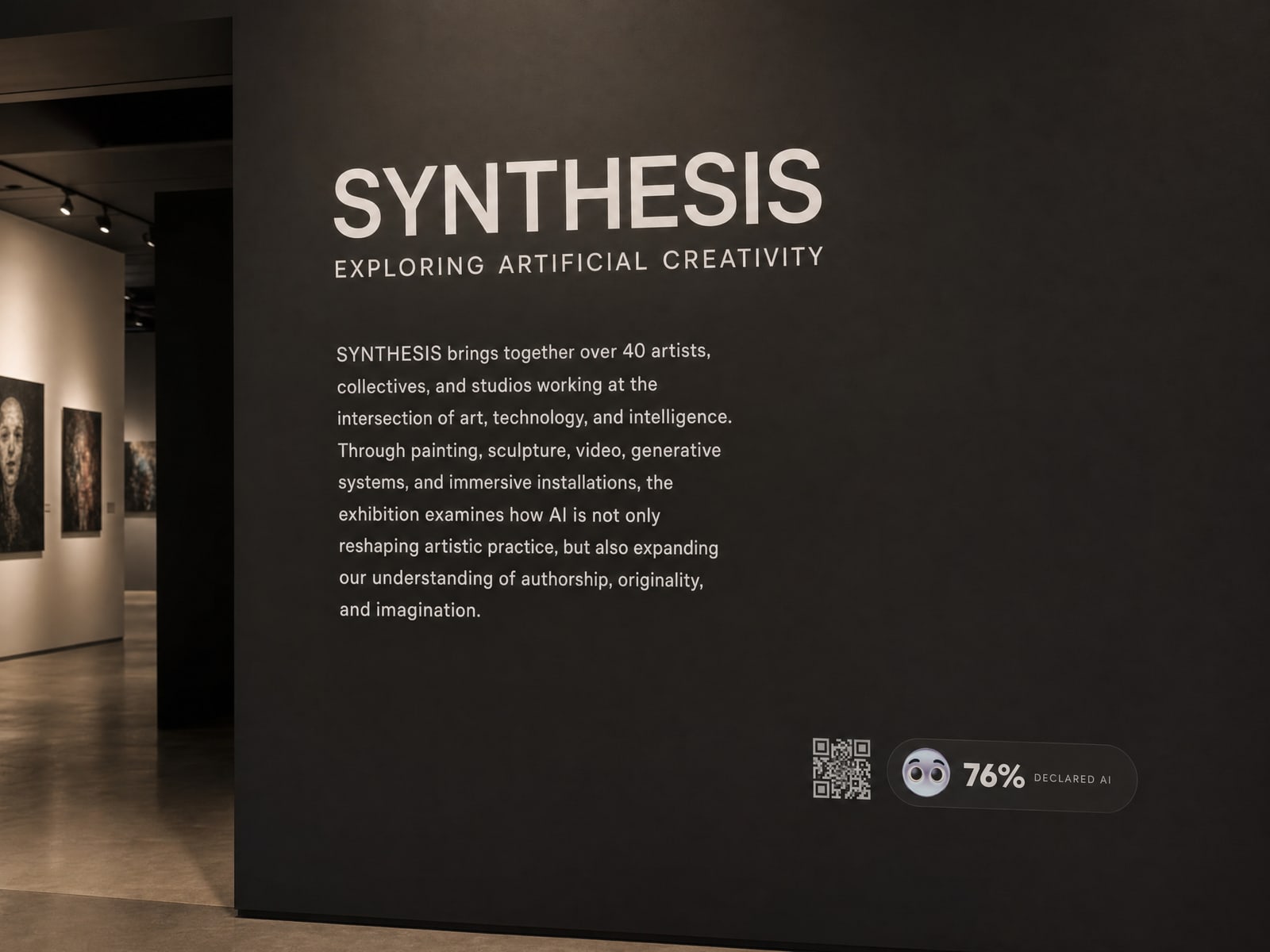 The Vitrum badge with a QR code on an exhibition's title wall