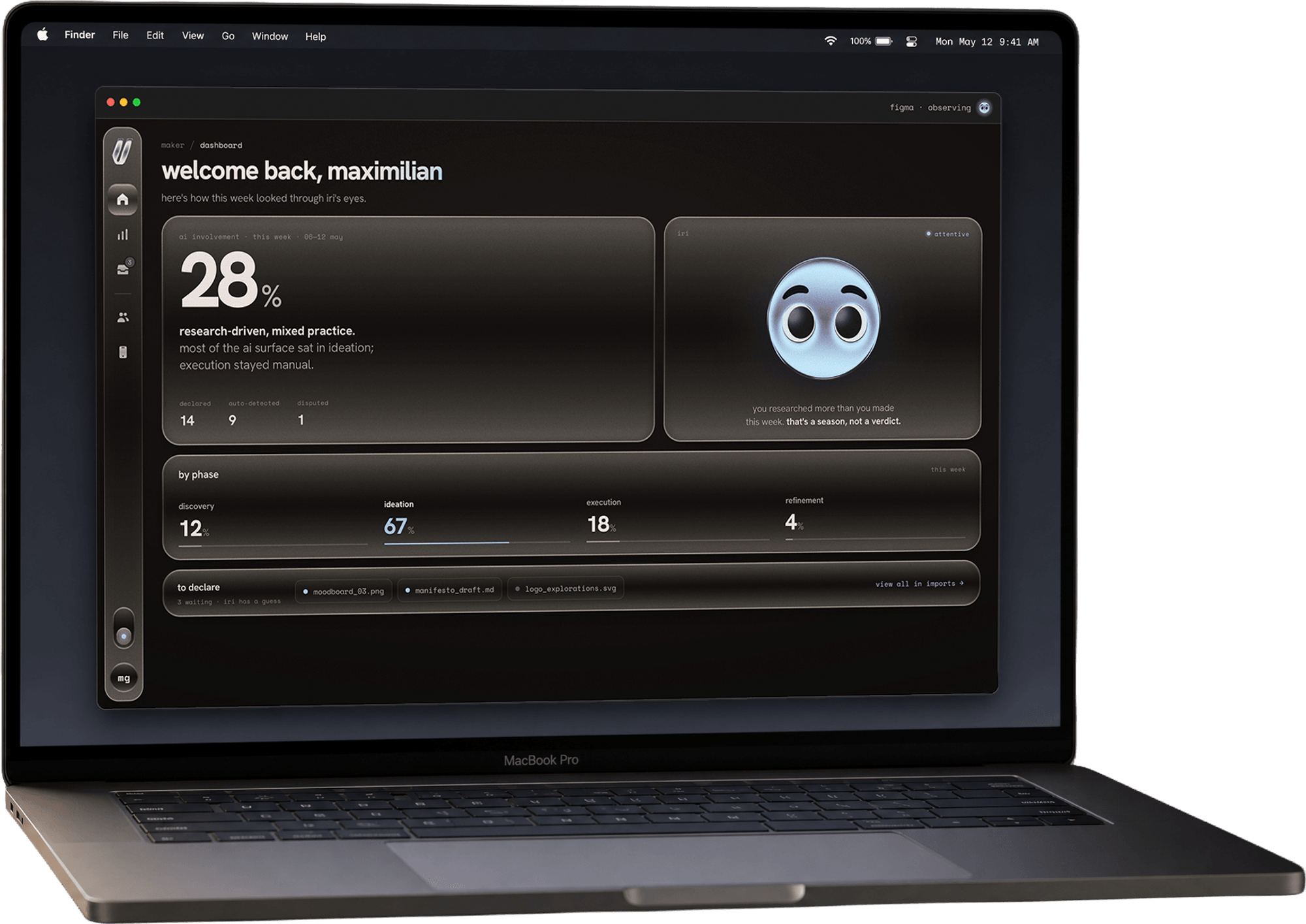 The Vitrum dashboard open on a MacBook, in dark mode