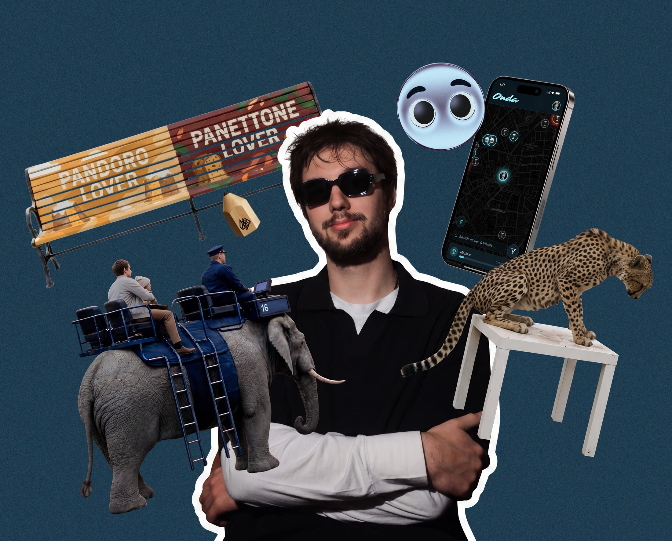 Maximilian Gatev surrounded by a collage of his projects