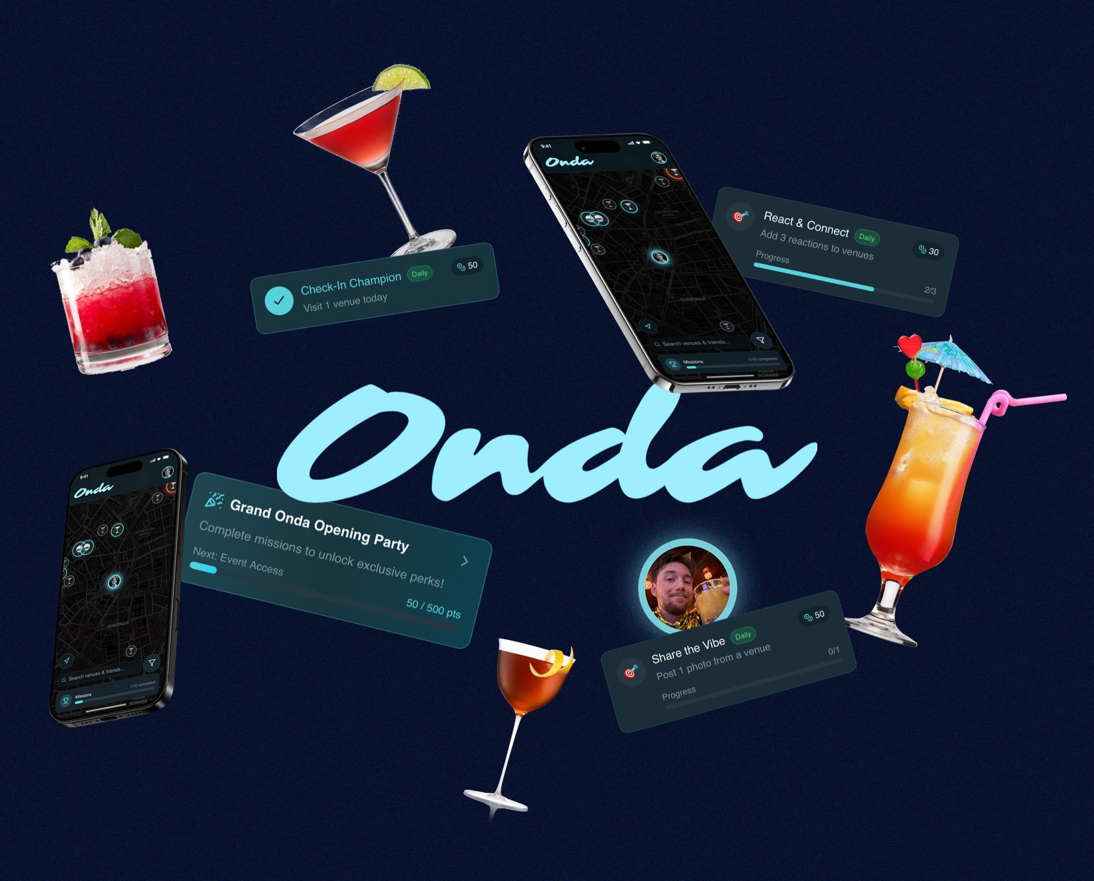 The Onda card: a collage of app screens, mission cards and cocktails around the Onda wordmark.