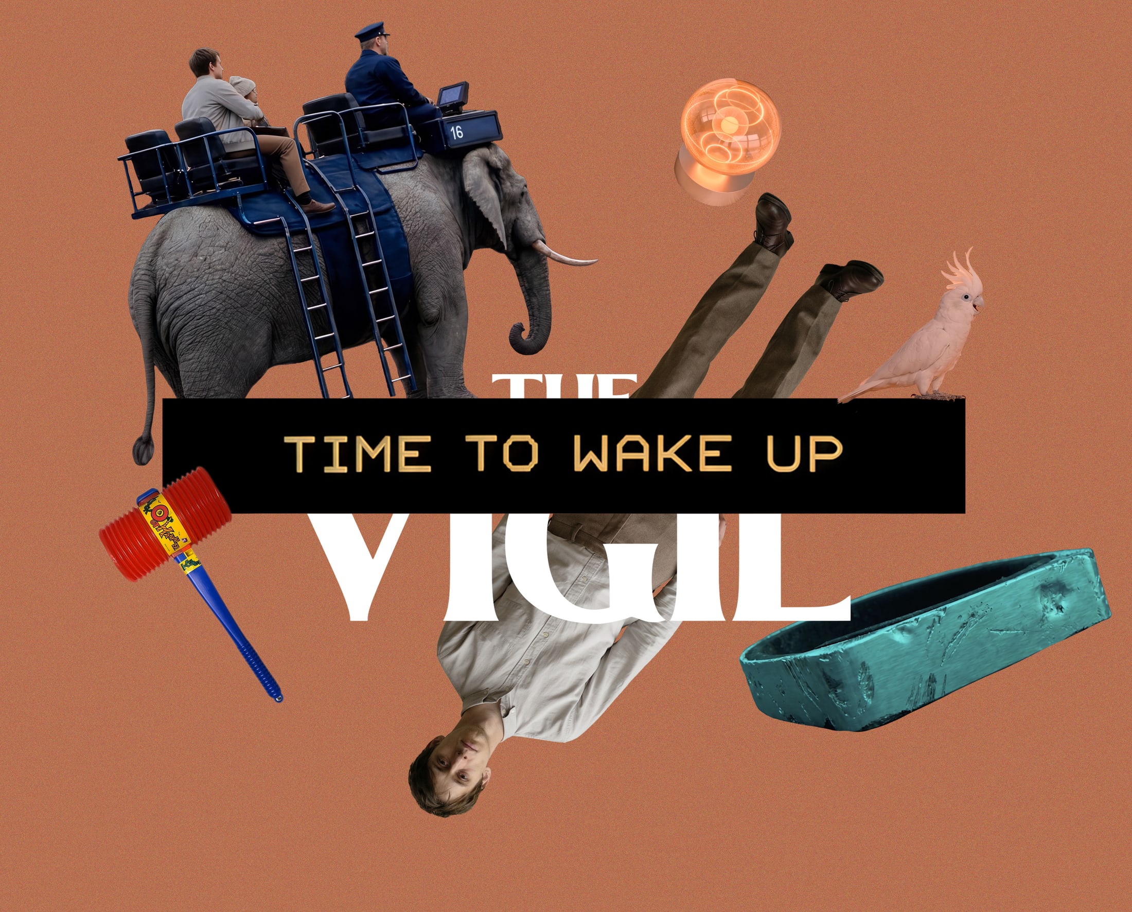 The Vigil card: a collage of the film's surreal imagery over the line Time to wake up.