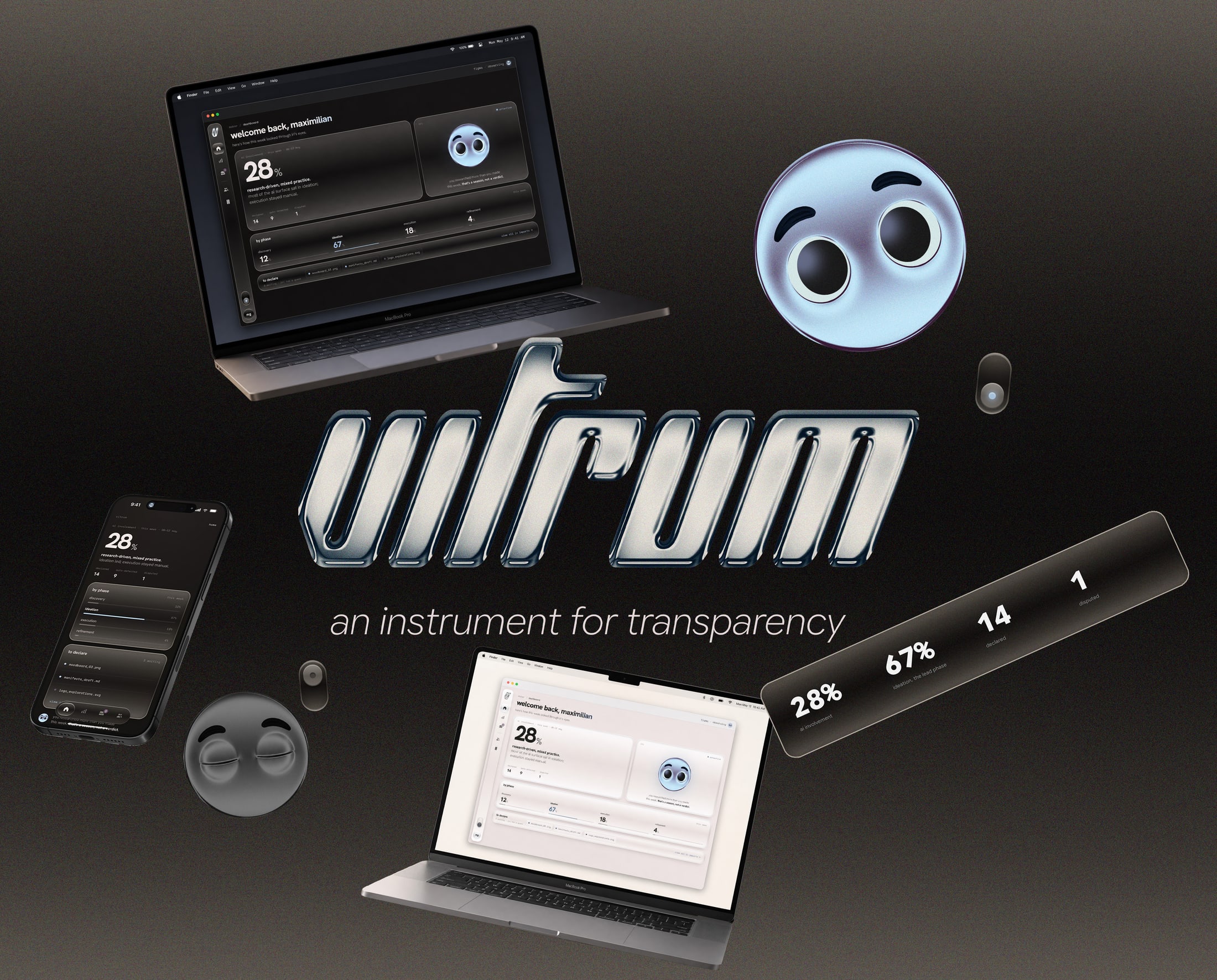 The Vitrum card: a warm-graphite collage of the dashboard on a laptop and phone, iri, and the chrome wordmark.